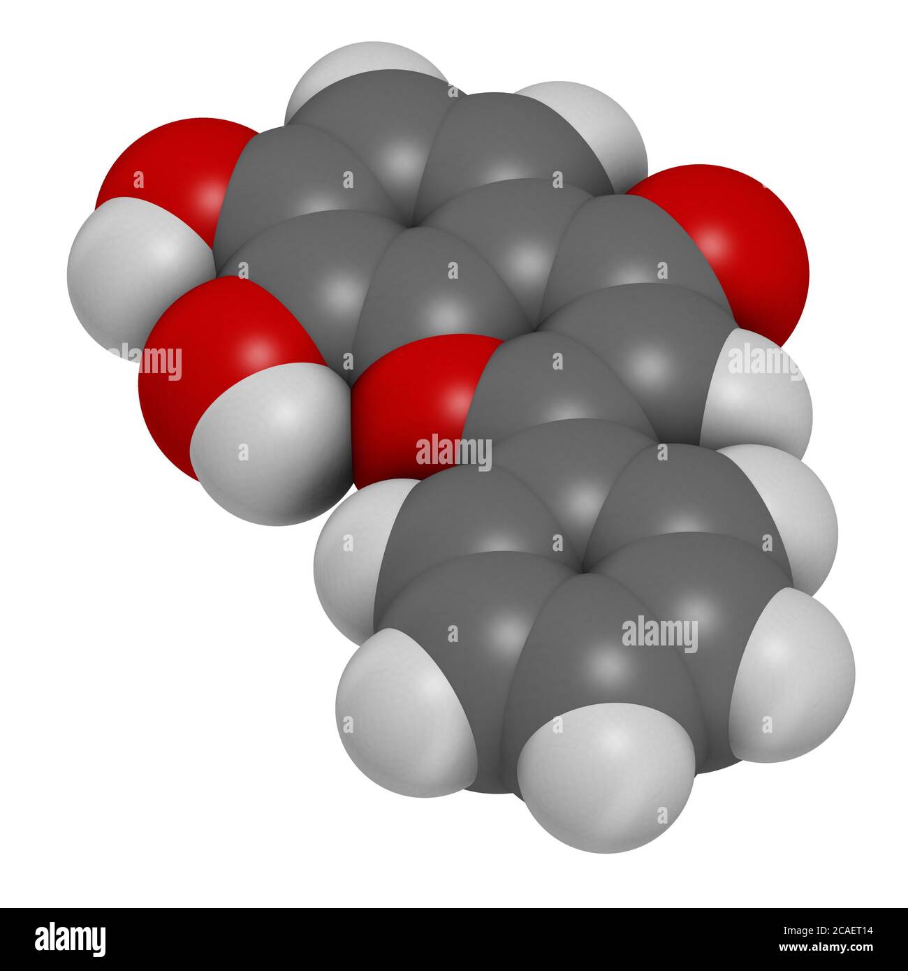 7,8-Dihydroxyflavone or 7,8-DHF molecule. 3D rendering. Atoms are represented as spheres with conventional color coding: hydrogen (white), carbon (gre Stock Photo