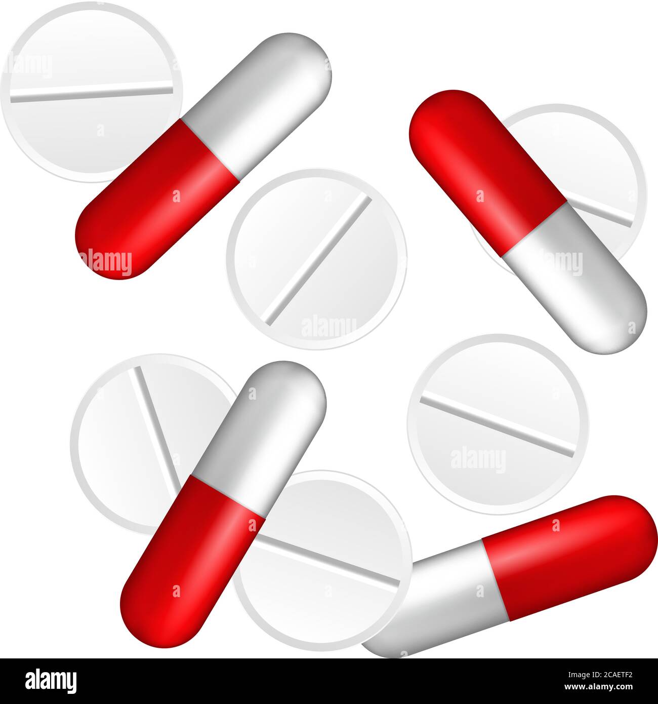 Naturalistic red and white capsule and white tablets. Cure for diseases. Vaccine in pill. Seamless pattern. Vector Illustration Stock Vector