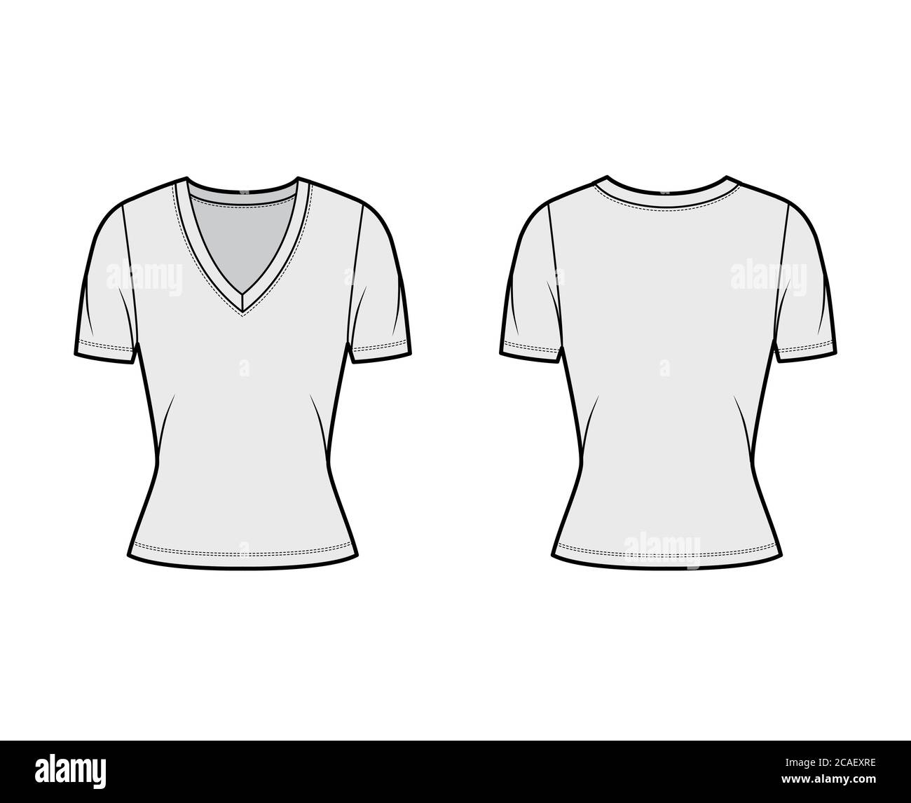 Deep V-neck jersey t-shirt technical fashion illustration with short ...