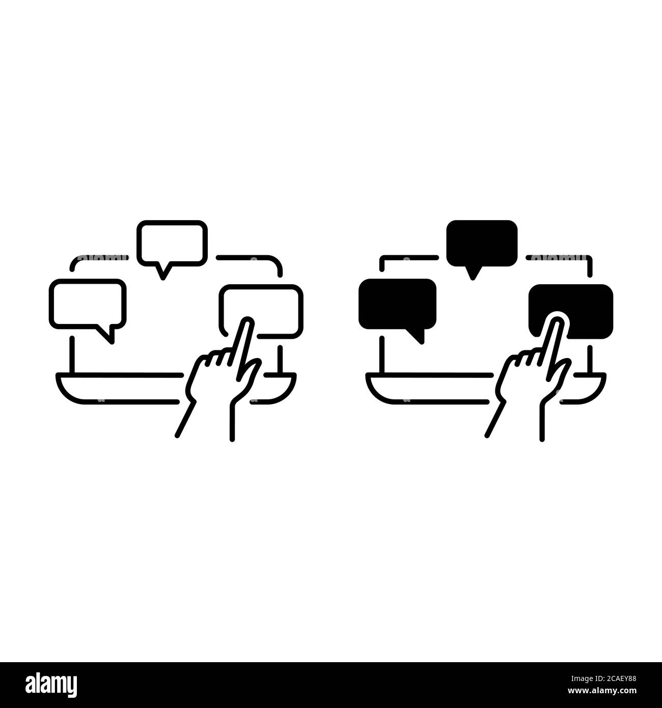 Hand clicking on message on laptop outline and glyph icons Stock Vector ...