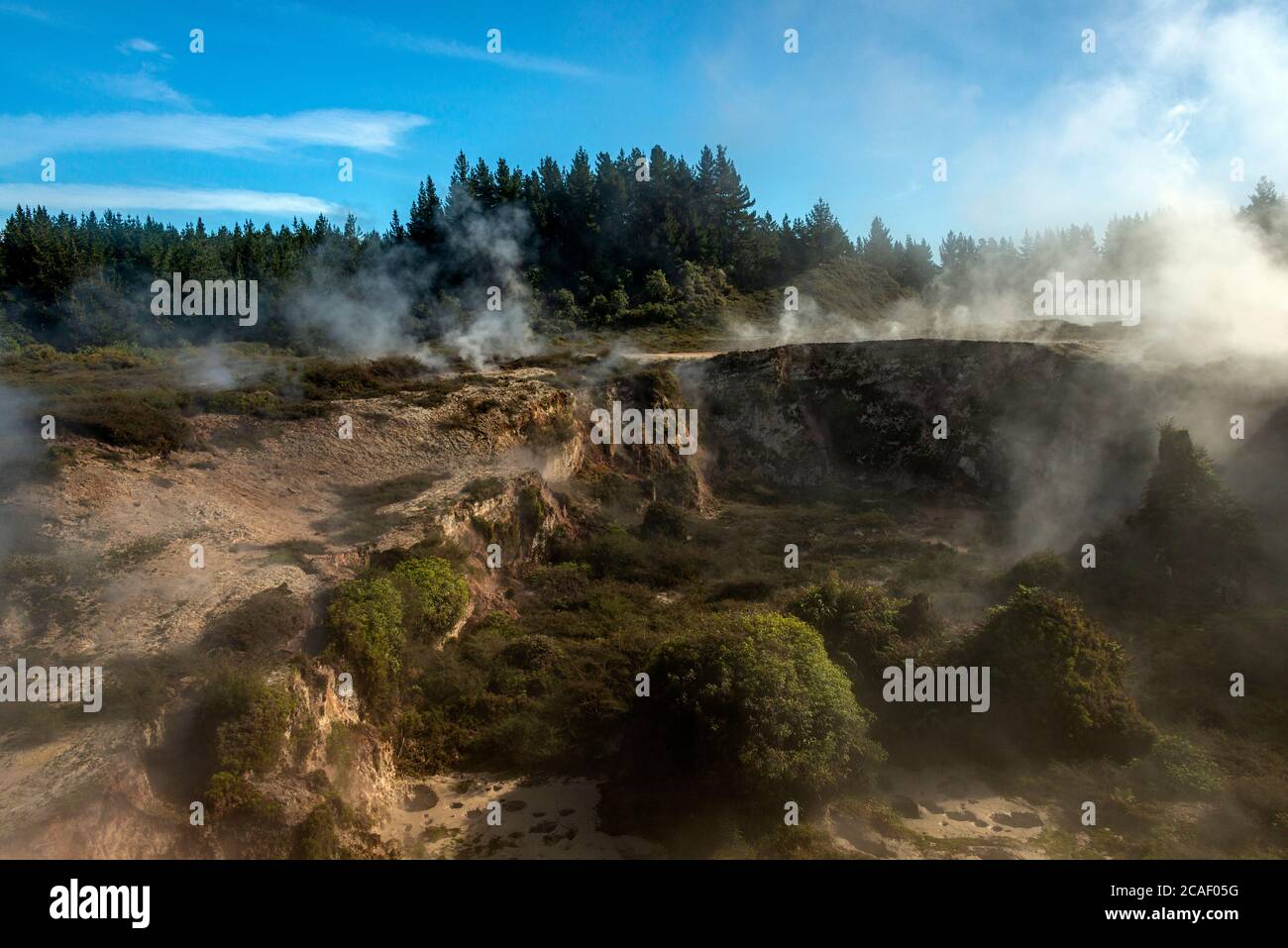 Geothermal steam venting from the many craters of the Craters of the Moon National Park, in Taupo, New Zealand. Stock Photo