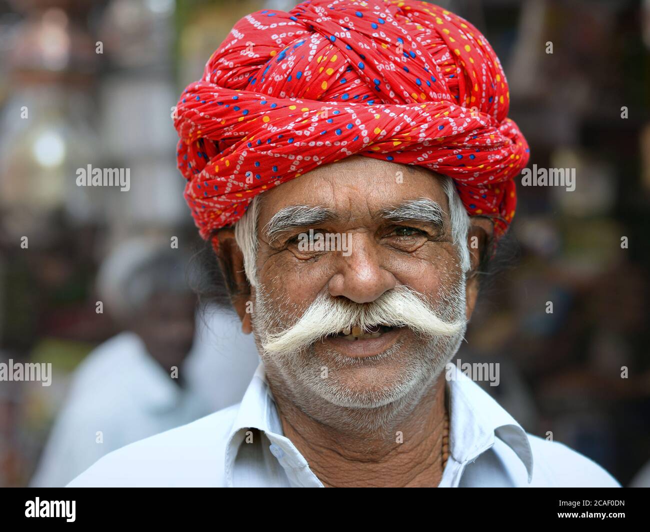 Friendly elderly Indian Rajasthani man with red turban and white moustache poses for the camera. Stock Photo