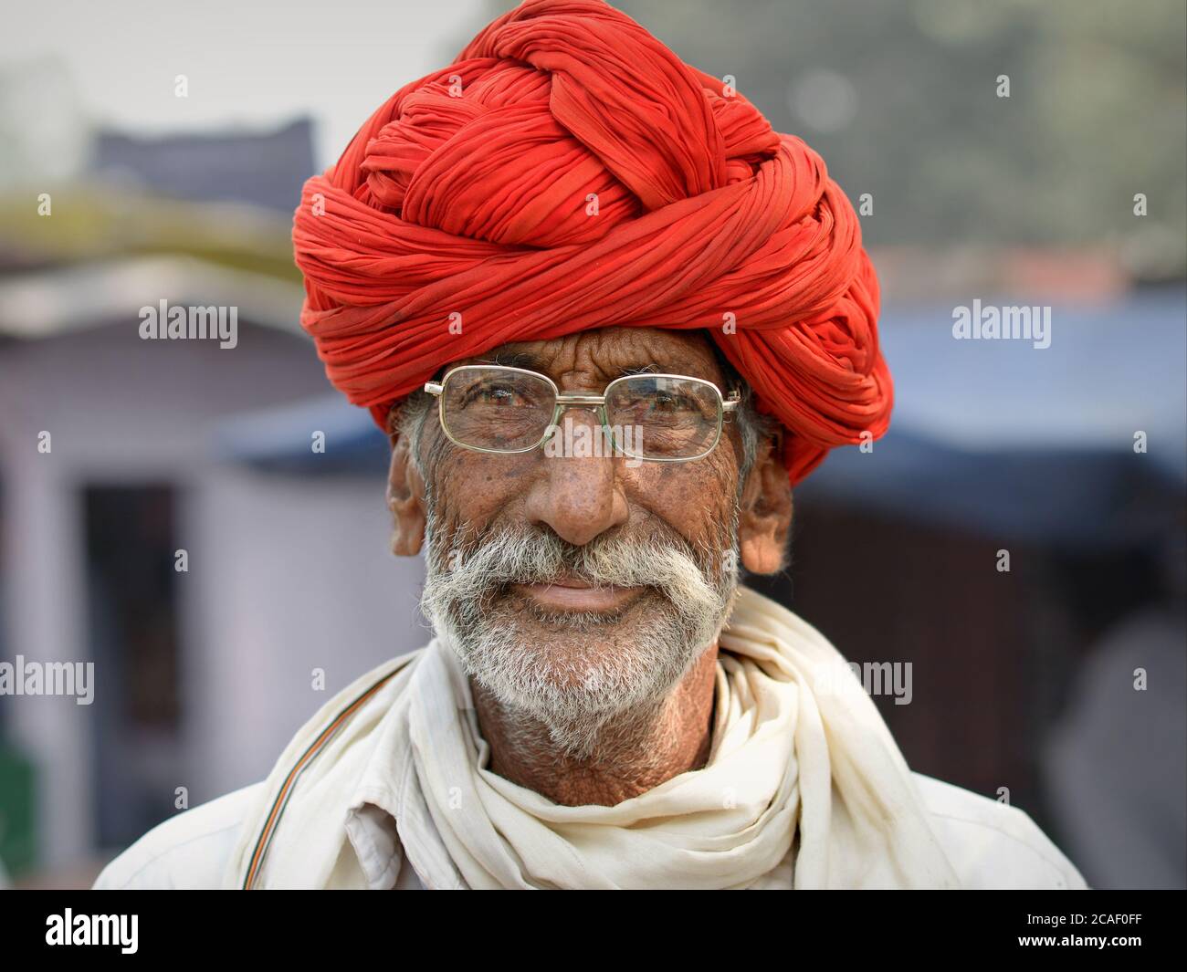 Indian Rajasthani man with eyeglasses and red turban (pagari, pagdi, paghdi, pagri) looks at the camera. Stock Photo