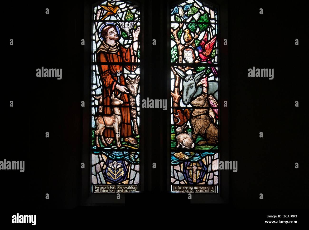 Stained glass double panel depicting Francis of Assisi and creatures photographed in a church in