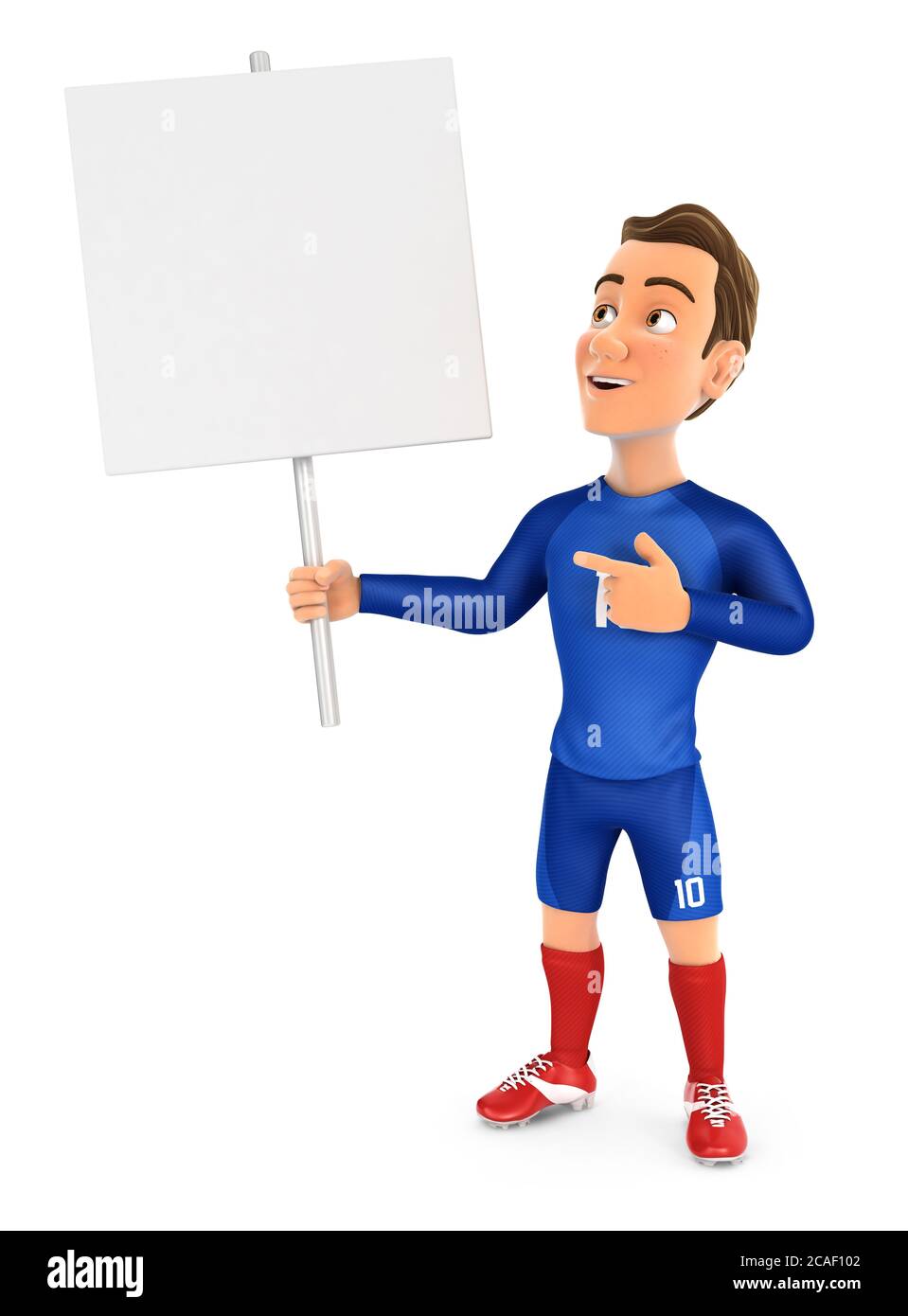 3d soccer player blue jersey holding blank sign board, illustration