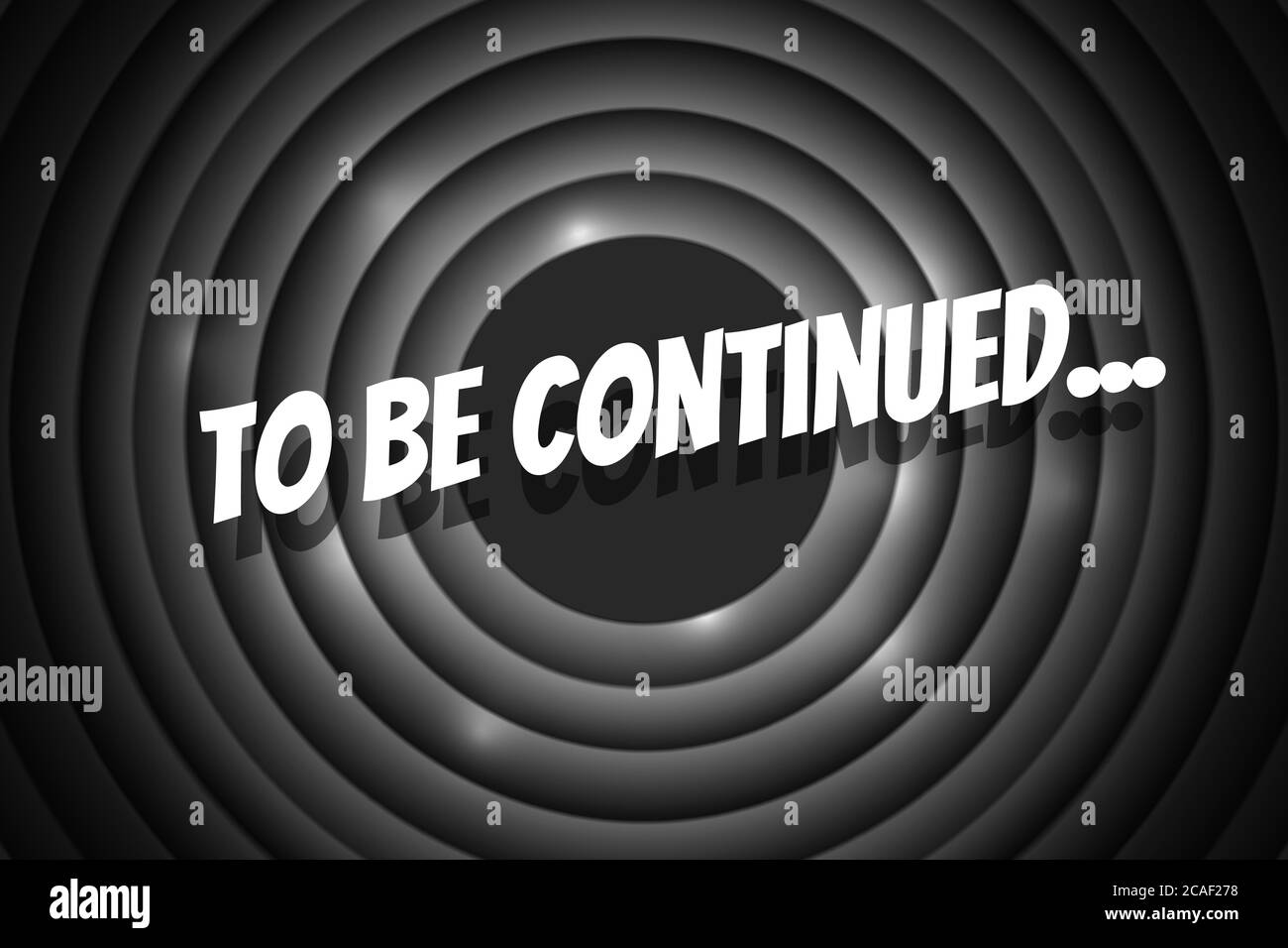To be continued comic cartoon style title on black and white movie vintage film round shutter. Old cinema circle promotion announcement screen. Vector eps retro show entertainment scene poster Stock Vector
