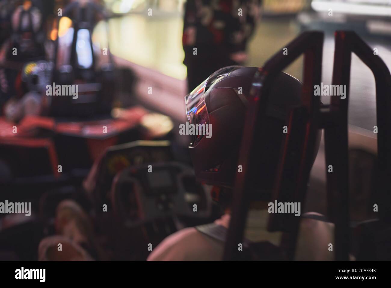 View of indoor karting racetrack, gokart competition, gocart racing