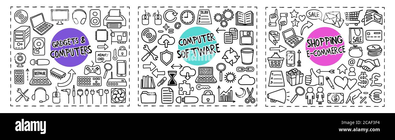 Gadgets and Computers, Computer Software and Shopping doodle icons set Stock Vector