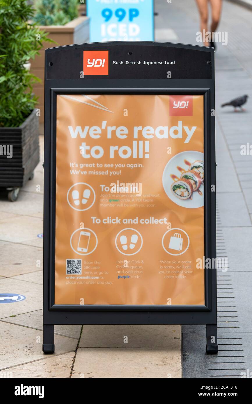 A sign that says We're ready to roll seen outside the Yo! Sushi Southbank  restaurant.The sushi chain YO! Is considering insolvency to reduce their  financial liabilities as the coronavirus pandemic continues to