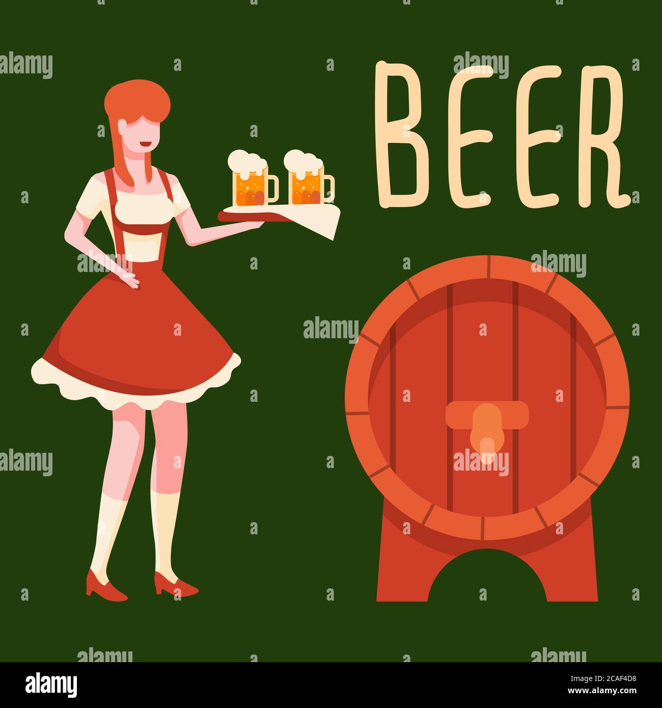 Bavarian girl with beer tray on green backdrop. Vintage wooden barrel for invitation or gift card, notebook, beer pub logo, scrapbook. Phone case or c Stock Vector