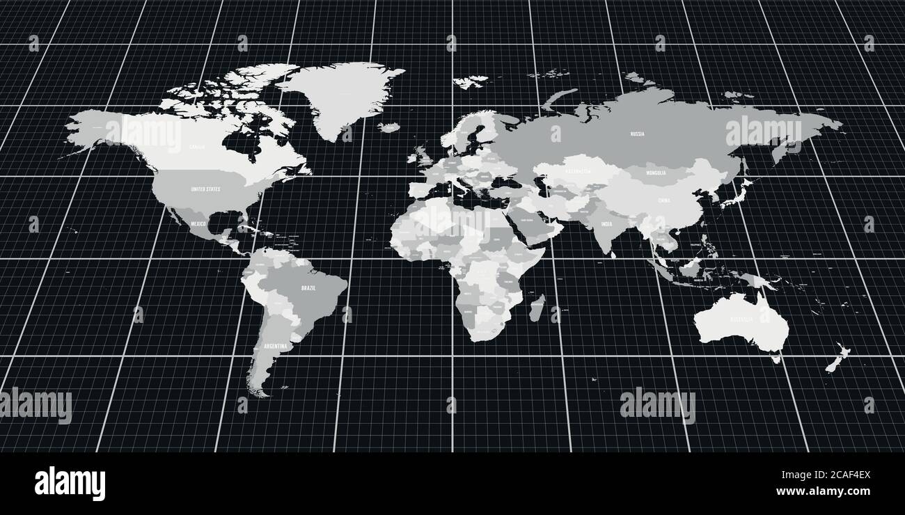 Geopolitical map of World. Bottom perspective view with background grid. Vector illustration