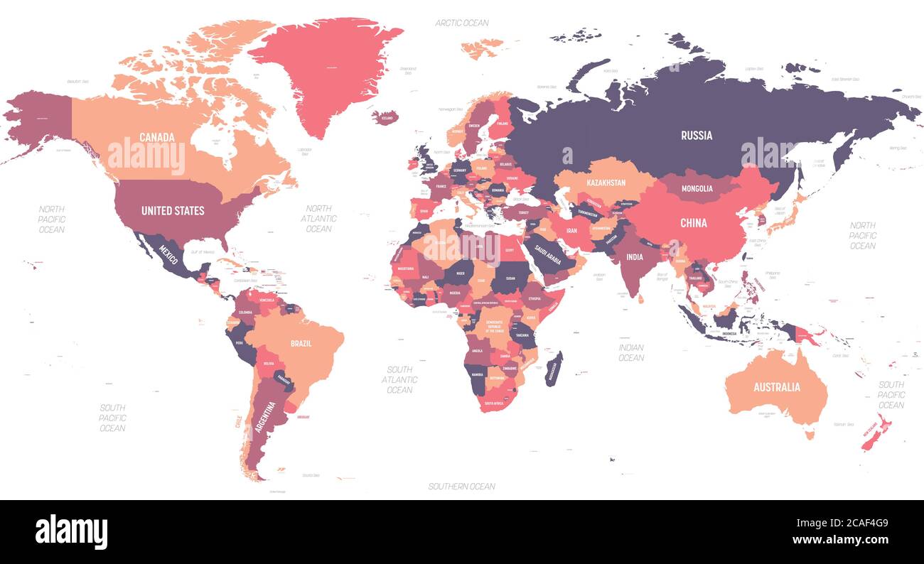 World map. High detailed political map of World with country, ocean and sea names labeling Stock