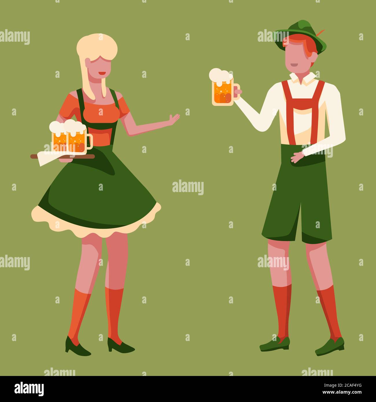 Dutch girl gives a man mug of beer on green backdrop. Octoberfest party for invitation or gift card, notebook, beer pub logo, scrapbook. Phone case or Stock Vector