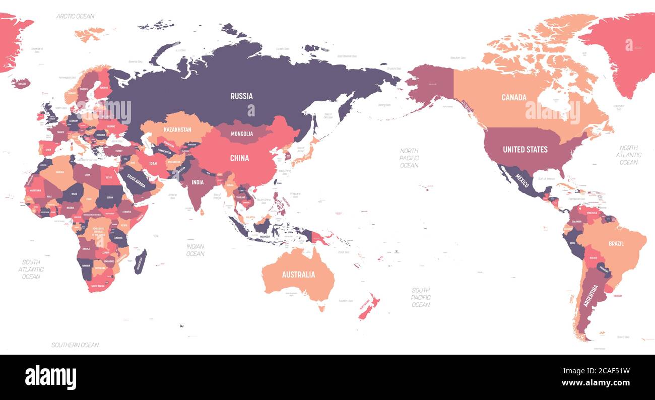 World map - Asia, Australia and Pacific Ocean centered. High detailed political map of World with country, ocean and sea names labeling. Stock Vector