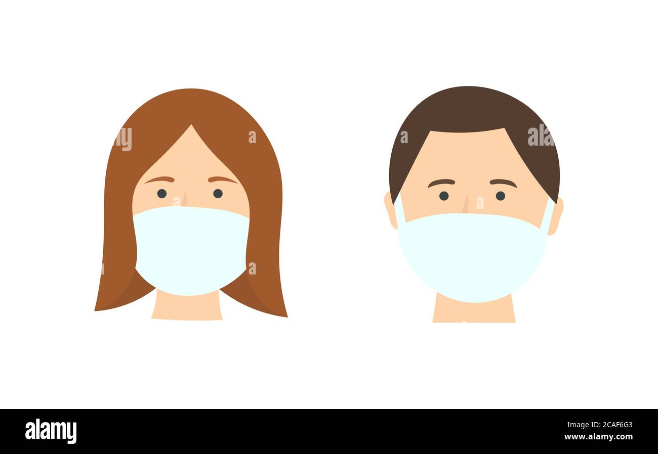 Man and woman in medical face masks, flat design icons. Virus ...