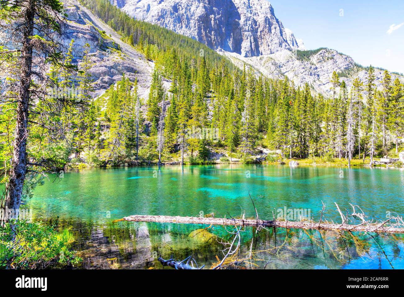 Emerald-Colored Grassi Lakes in Canmore, Kananaskis, a popular hiking spot in the Canadian Rockies of Alberta, Canada. Stock Photo