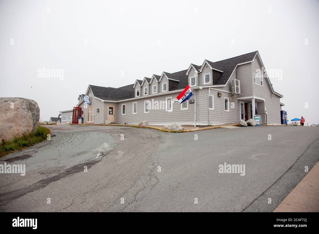 Halifax, Nova Scotia: July 19, 2020: The landmark Sou Wester restaraunt on a foggy day in the summer at the famous Peggy's Cove area Stock Photo
