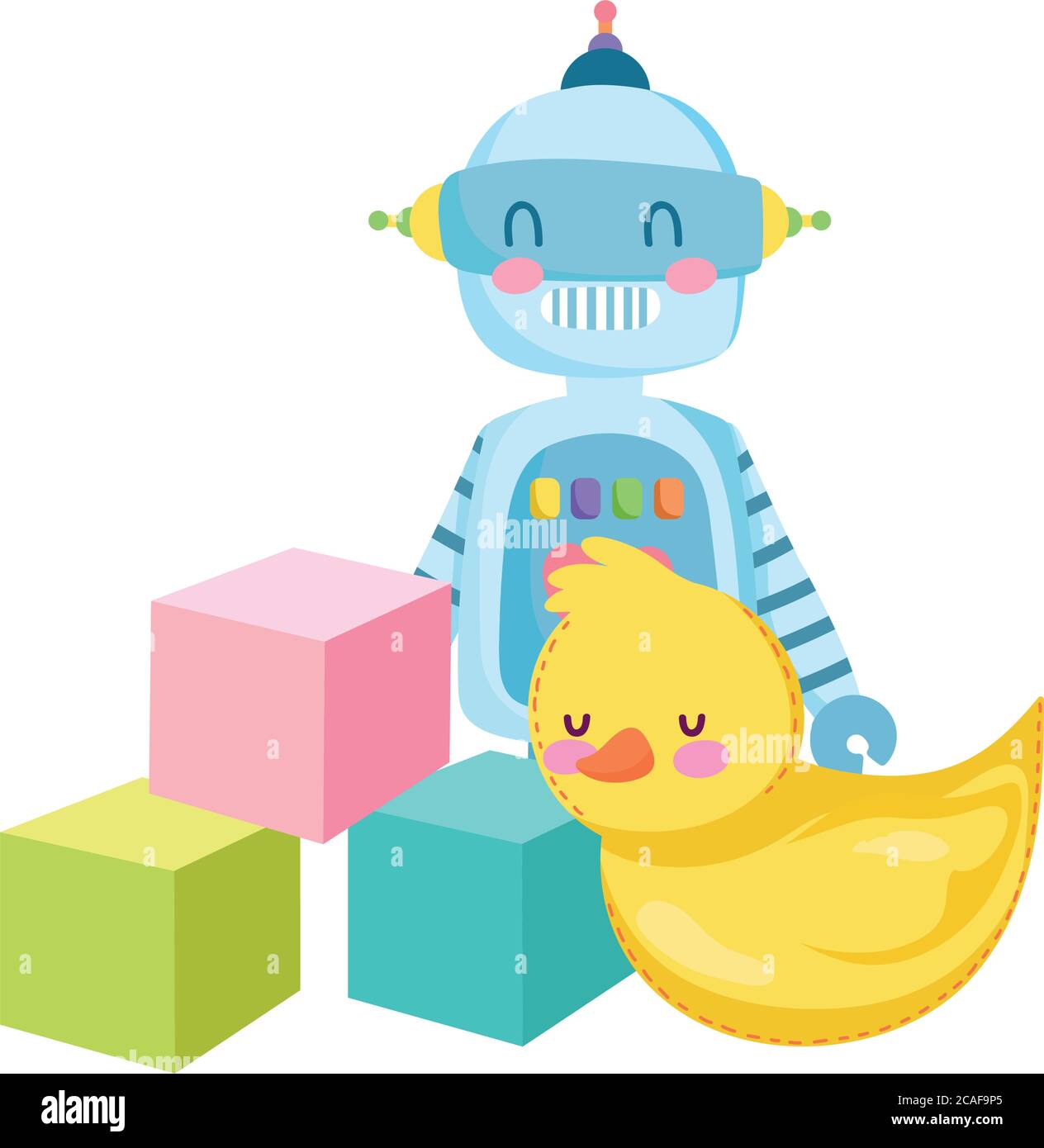 toys object for small kids to play cartoon, rubber duck robot and cubes
