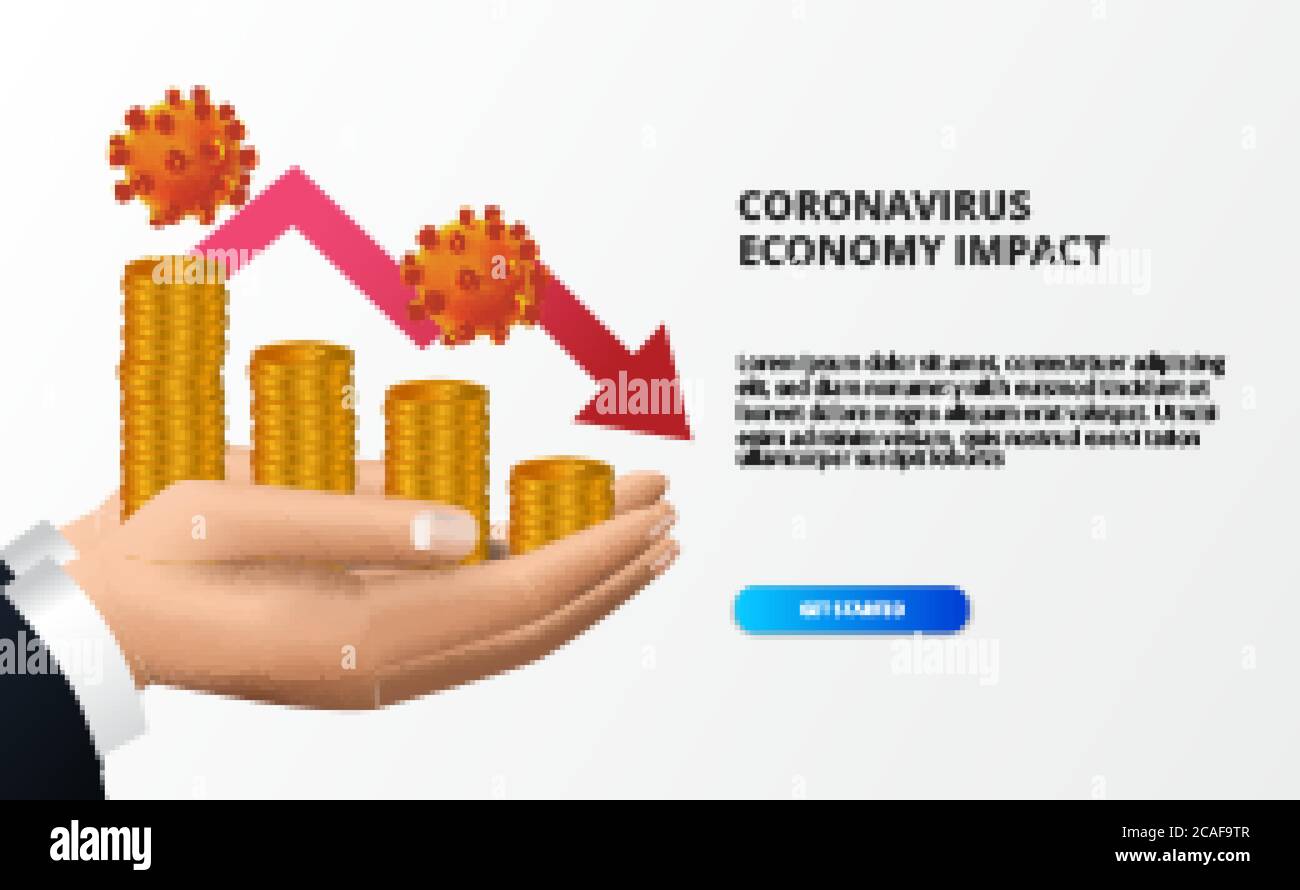 Spread coronavirus economy impact. Economy down and fall. Hit stock market and global economy. 2019-nCoV virus. hand holding money and red bearish arr Stock Vector