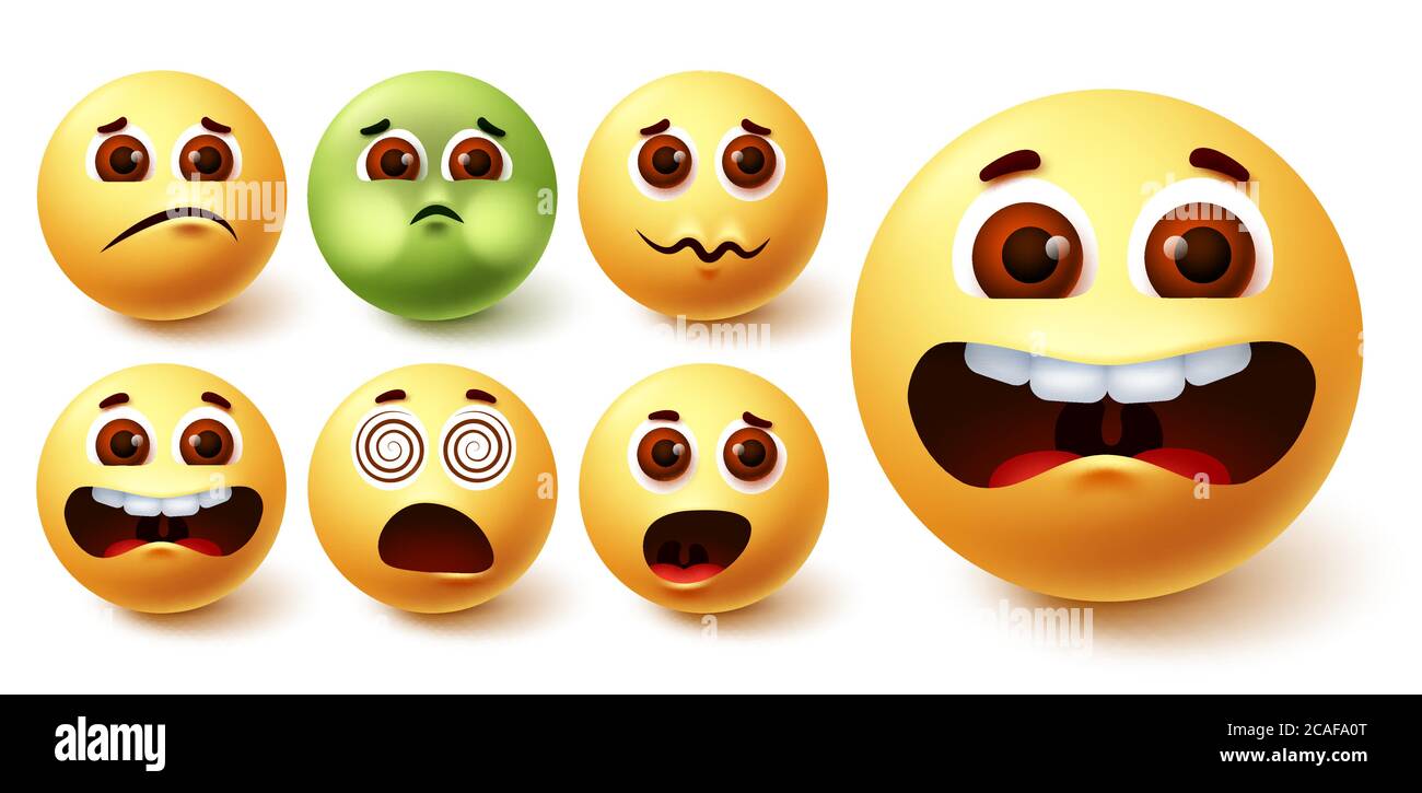 Emoji smiley vector set. Smileys yellow emoji face in different weird facial expressions like mad, vomit, scary, dizzy and surprise for avatar Stock Vector