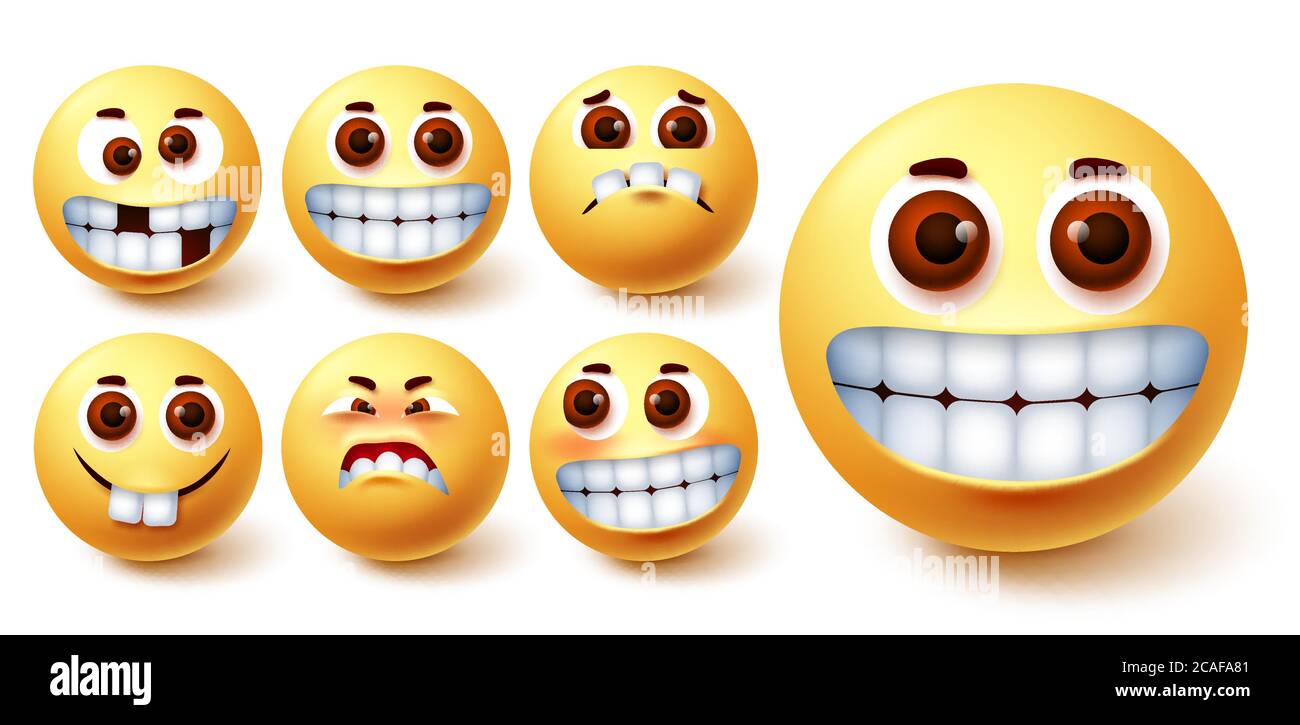 Emoji smiley happy vector set. Emojis funny teeth face with funny, crazy, happy, weird and blush mood and facial expression for icon social media Stock Vector
