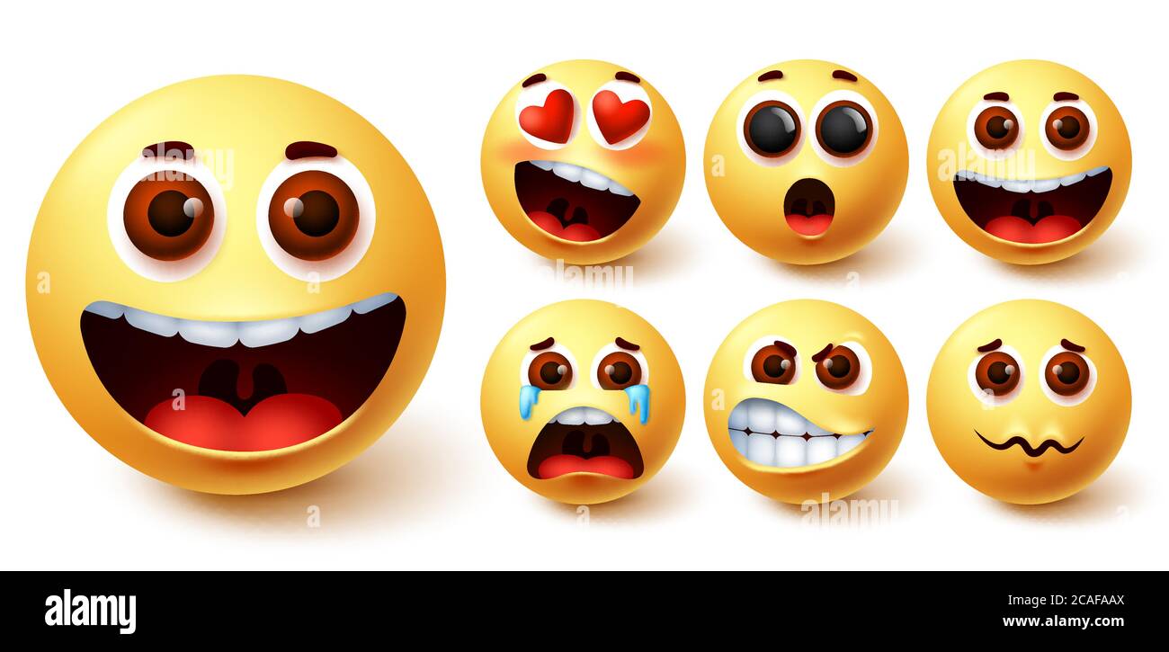 Emojis smiley vector set. Emoji smileys cute yellow face with happy, crying, angry, surprise and in love facial expression for avatar character design Stock Vector