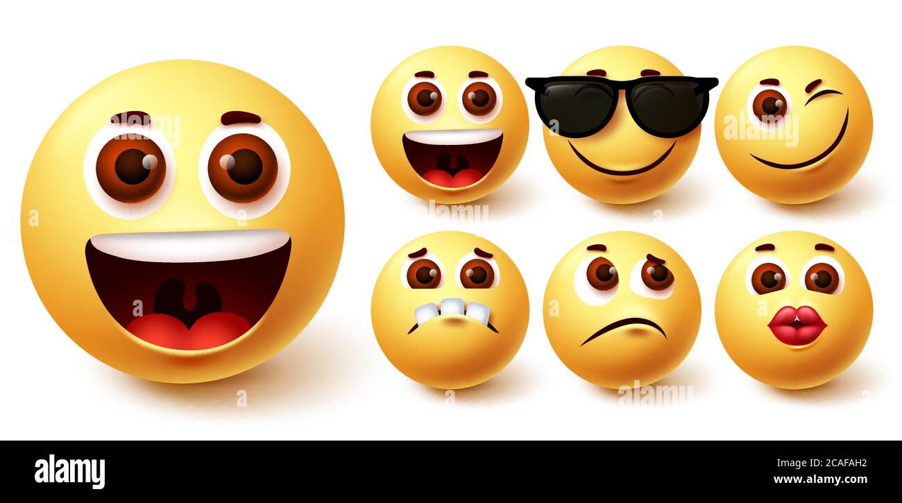 Emojis happy smiley vector set. Emoji smileys cute yellow face in different facial expressions like happy, kiss, sad, naughty and weird  for avatar Stock Vector