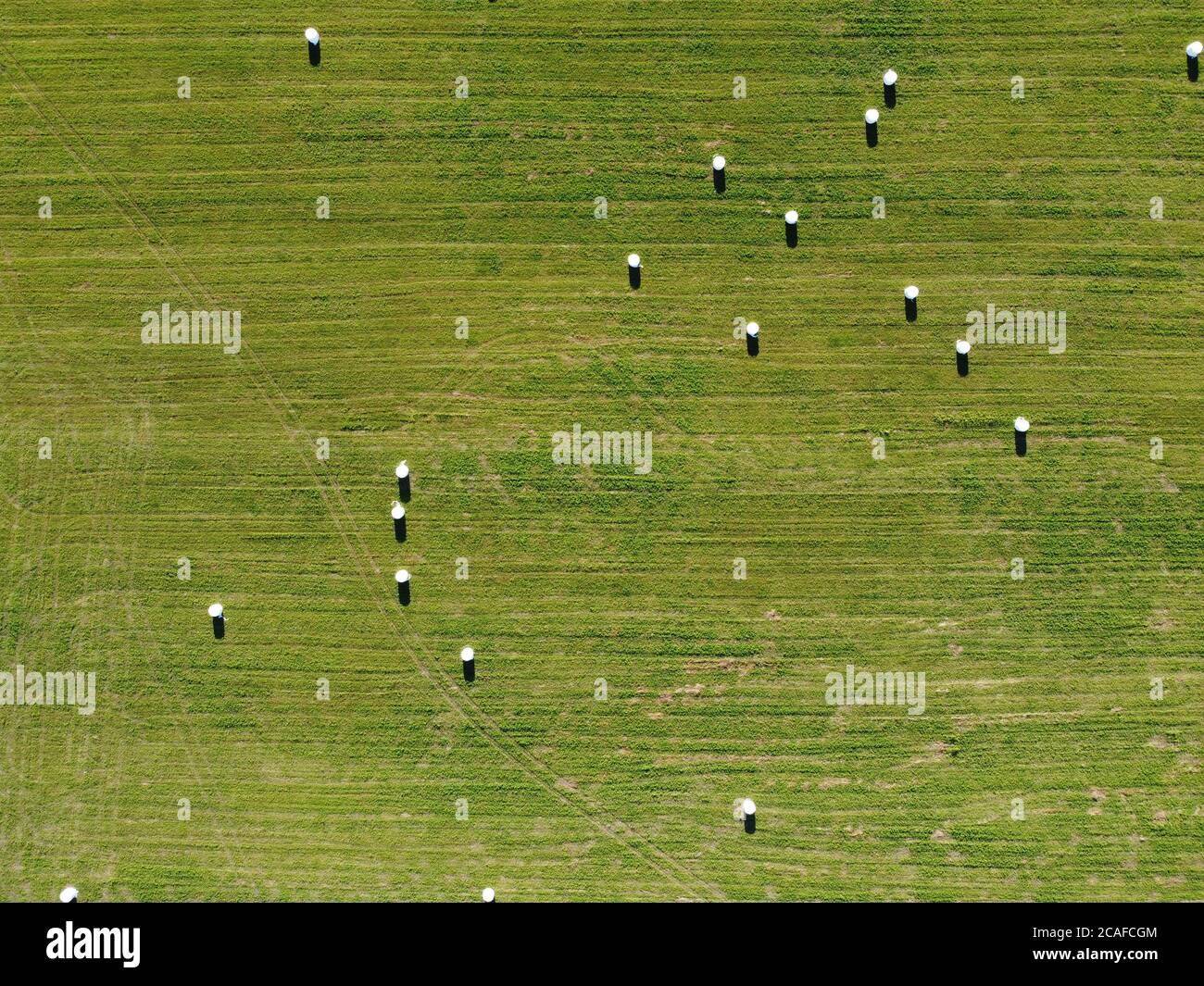Aerial view of square hay bales in field after harvest Stock Photo - Alamy