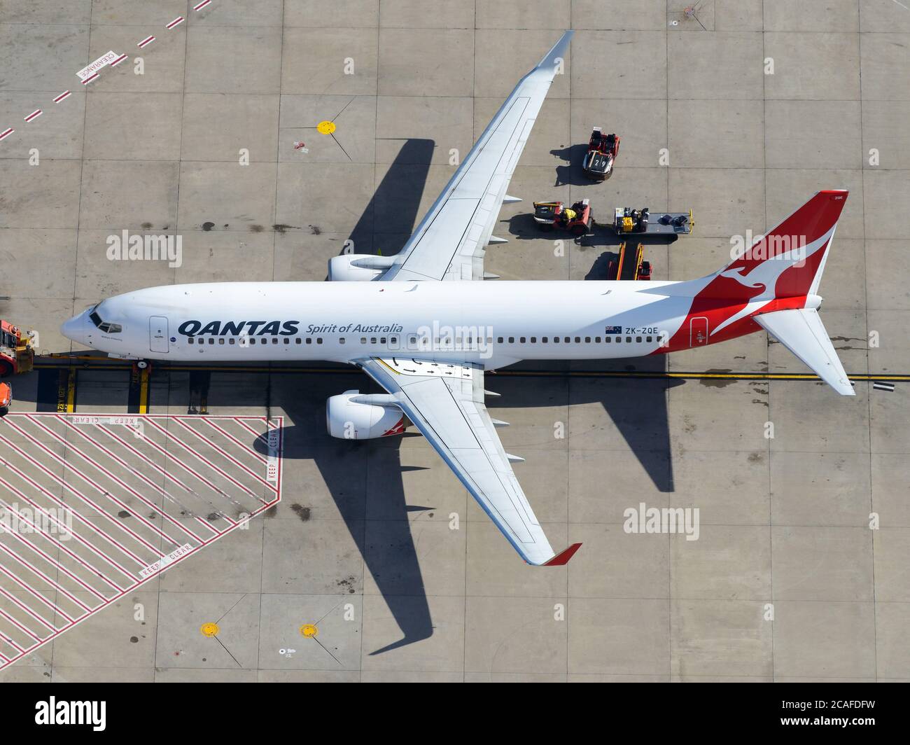 Qantas 'Spirit of Australia' Boeing 737 parked at Sydney Kingsford Smith International Airport in Australia. Aerial view of Qantas Airways B737 ZK-ZQE. Stock Photo