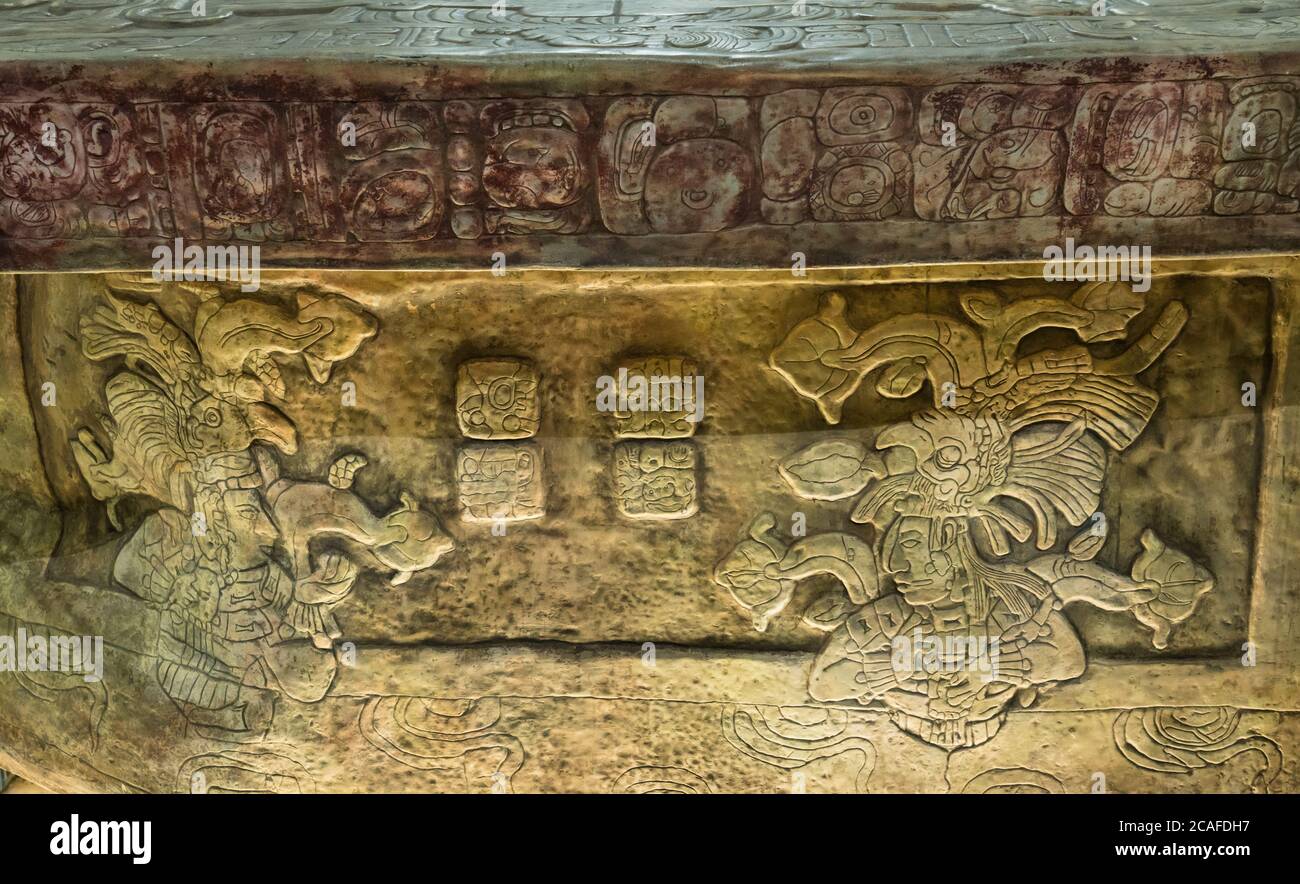 A reproduction of the sarcophogus of Mayan king Pacal or Pakal the Great in the Palenque Site Museum, Palenque, Mexico.  Palenque Site Museum 'Alberto Stock Photo