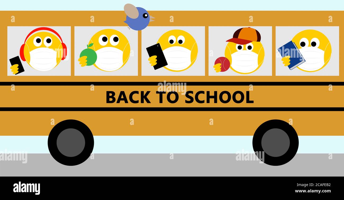 Children Emoji Wearing Face Masks On Yellow School Bus Back To School Text Children Going To School During Covid 19 Coronavirus Stock Photo Alamy