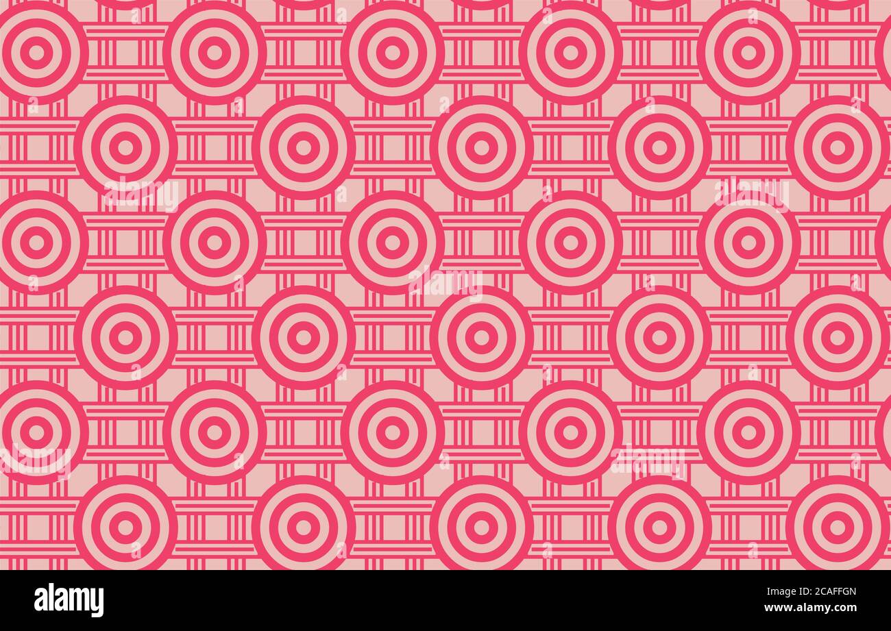 Simple concentric circles repeating pattern in pink connected together by parallel crossing horizontal and vertical lines, vector illustration Stock Vector