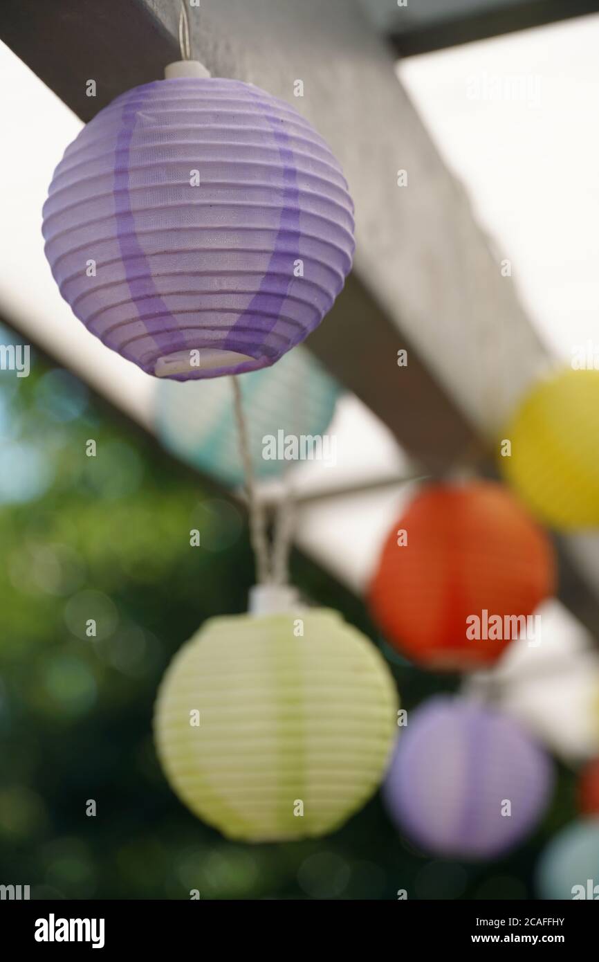 Vertical shot of colorful paper lanterns hanging from a wooden ceiling