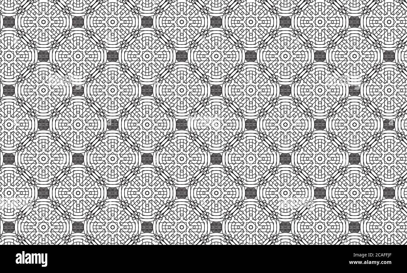 White complex geometric outline of interconnecting lines and circles makes an intricate repeating pattern on a gray background, vector illustration Stock Vector