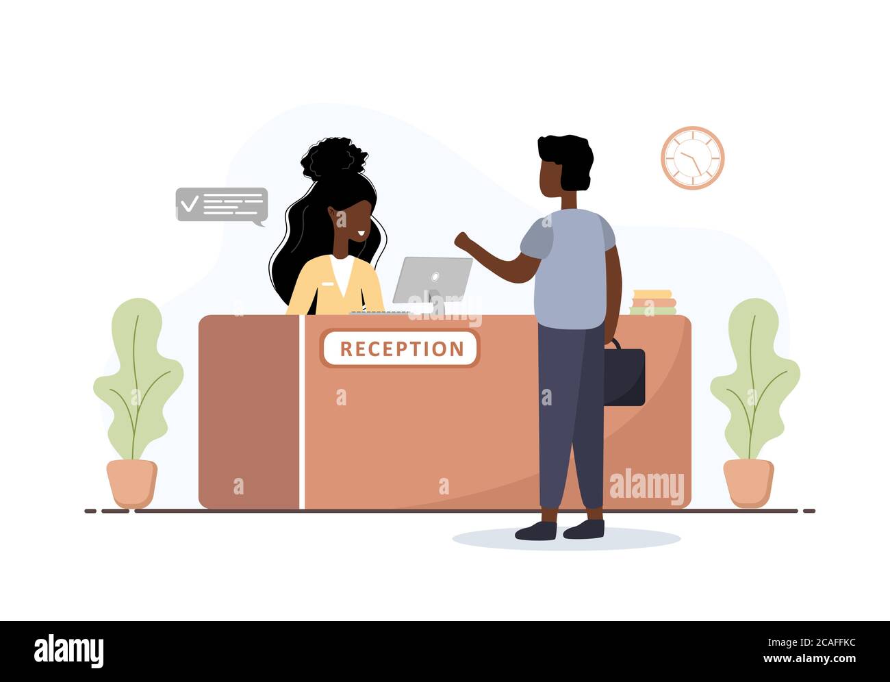 Reception interior. African woman receptionist and man with briefcase at reception desk. Hotel booking, clinic, airport registration, bank or office Stock Vector