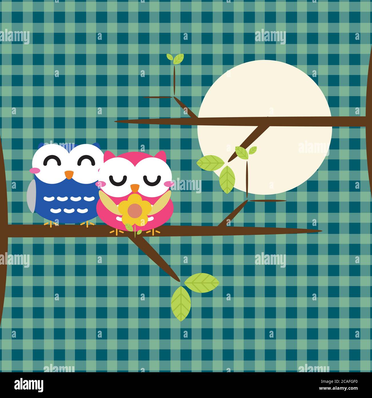 Two cute owls on the tree branch. Vector illustration Stock Vector ...