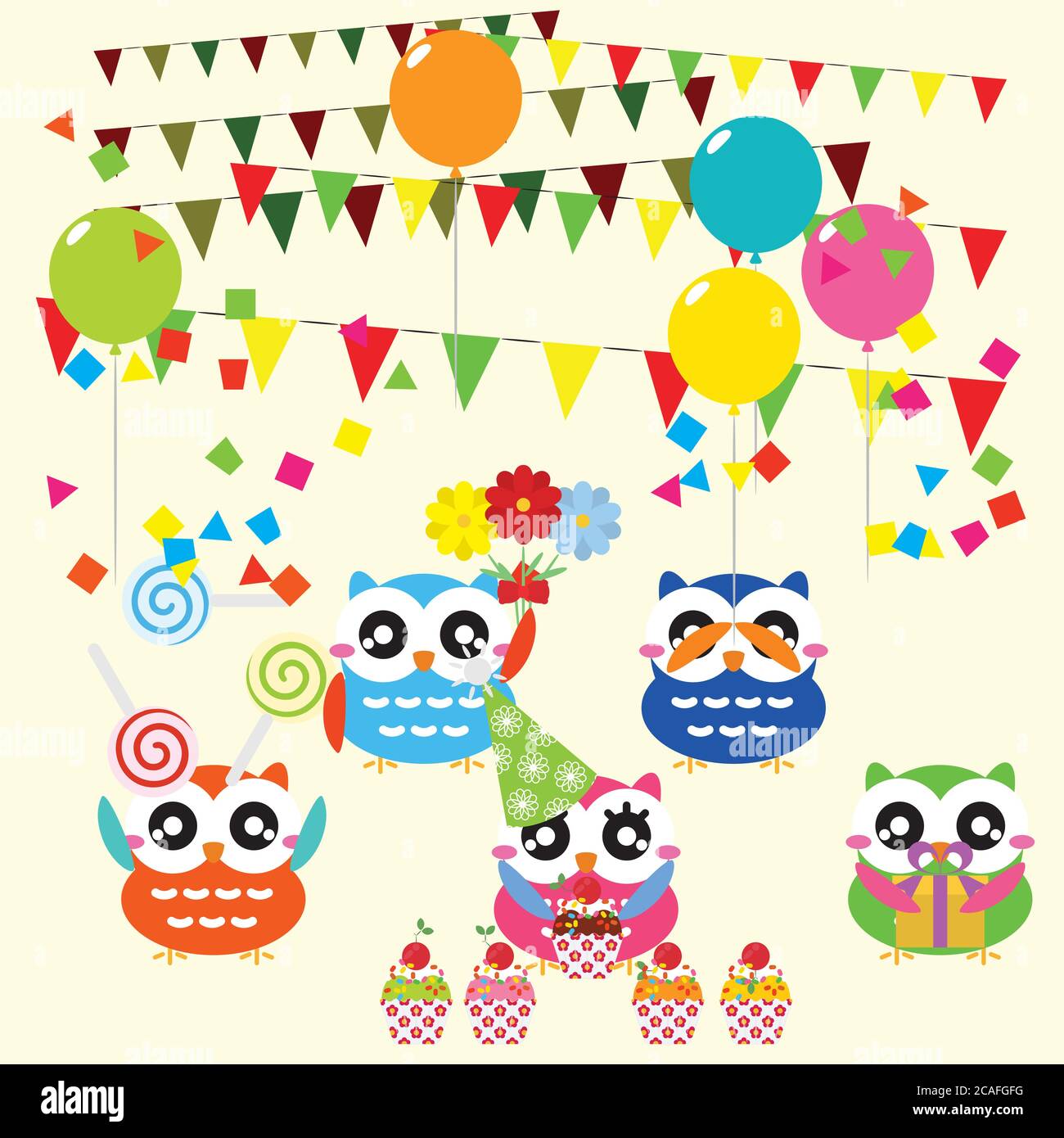 Set of birthday party elements with cute owls. Vector illustration Stock Vector