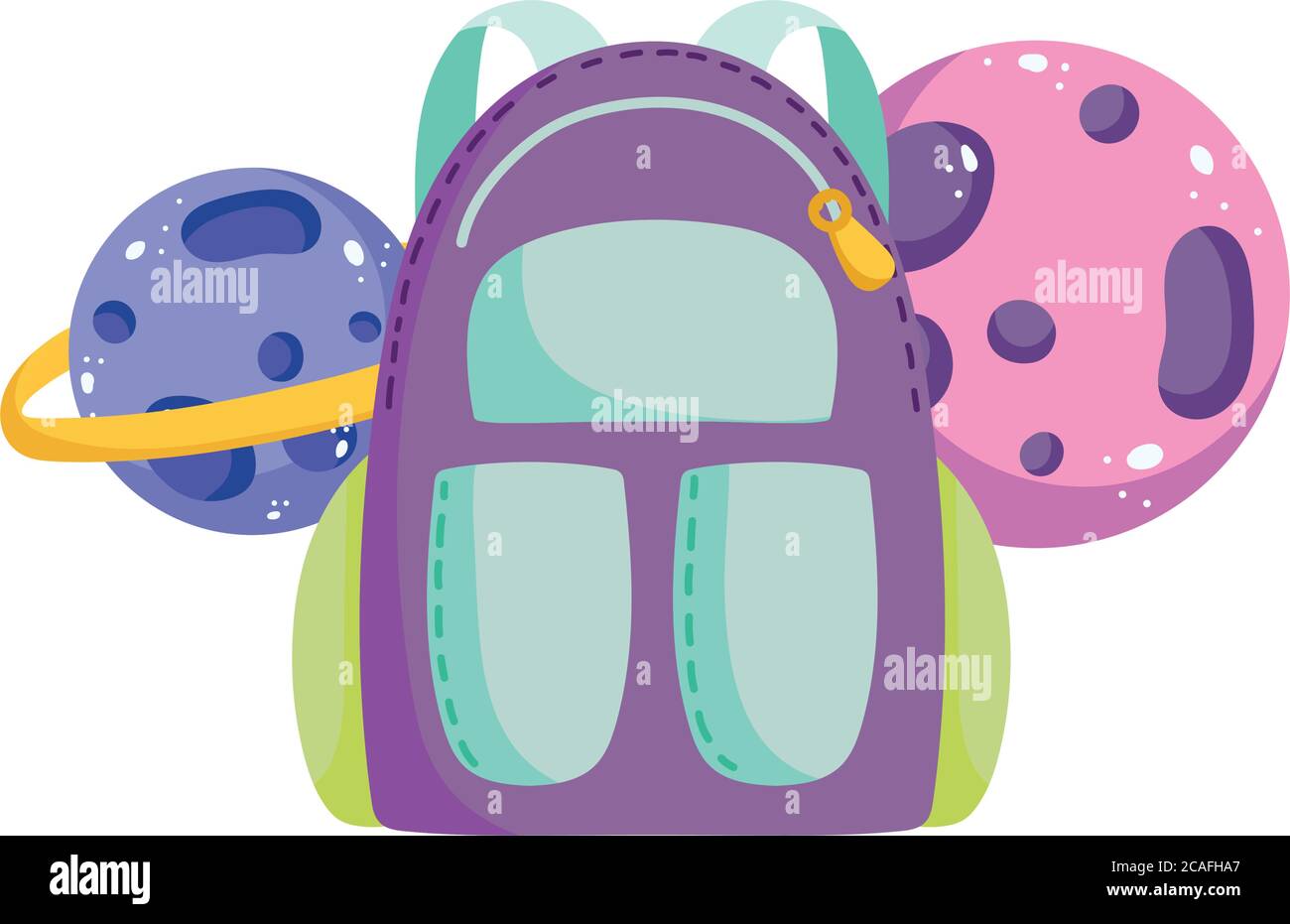 back to school, backpack and solar system planets elementary education cartoon vector illustration Stock Vector