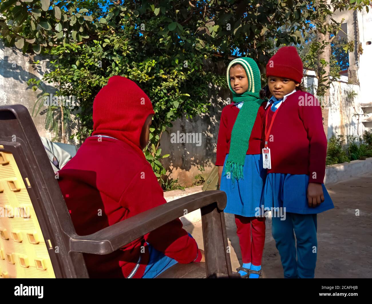 District Katni, Madhya Pradesh, India - January 07, 2020: Primary school students funny activity for drama play. Stock Photo