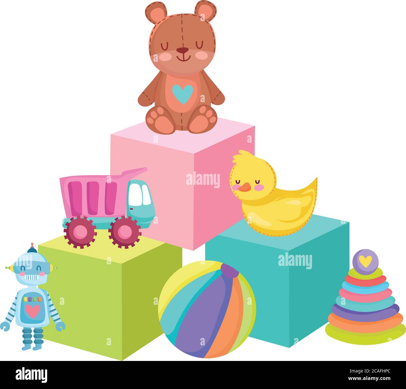 toys object for small kids to play cartoon, bear duck truck ball robot and pyramid on blocks vector illustration Stock Vector