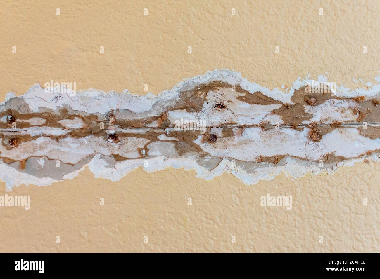 Drywall seam crack repair in progress. Excavated damaged area. Exposed drywall joint with rusty nails. Stock Photo