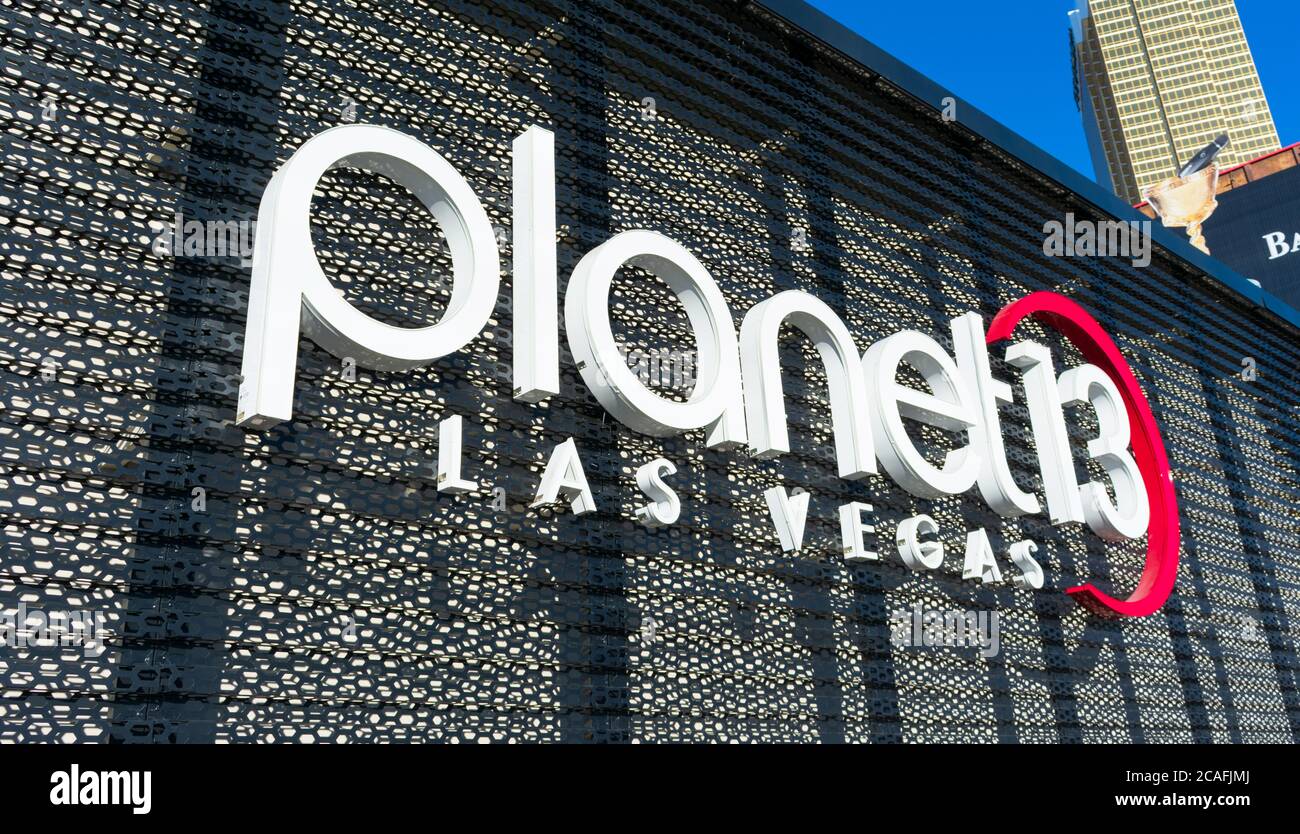 Planet 13 sign on largest cannabis dispensary in world where marijuana is sold for recreational or medical use. Store is operated by Planet 13 Holding Stock Photo
