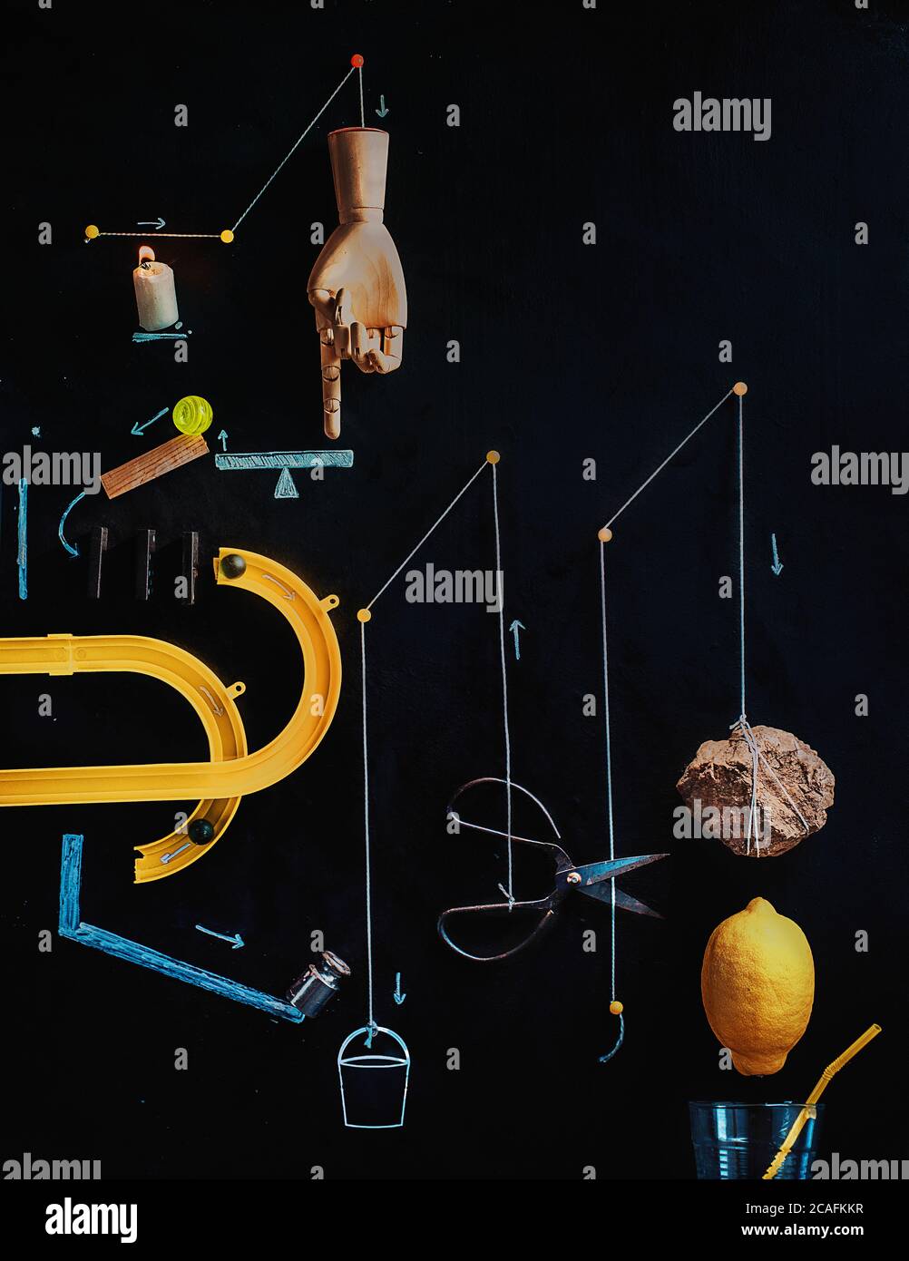 Making lemonade flat lay, Rube Goldberg machine reference Stock Photo