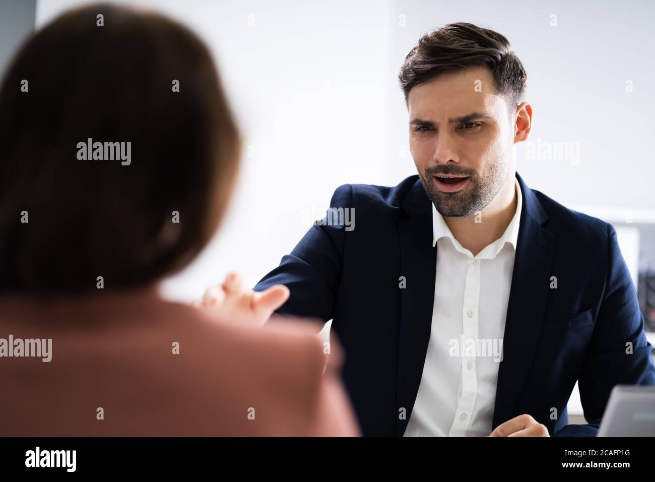 Angry Employer Bullying Unhappy Stressed Professional Employee Stock Photo