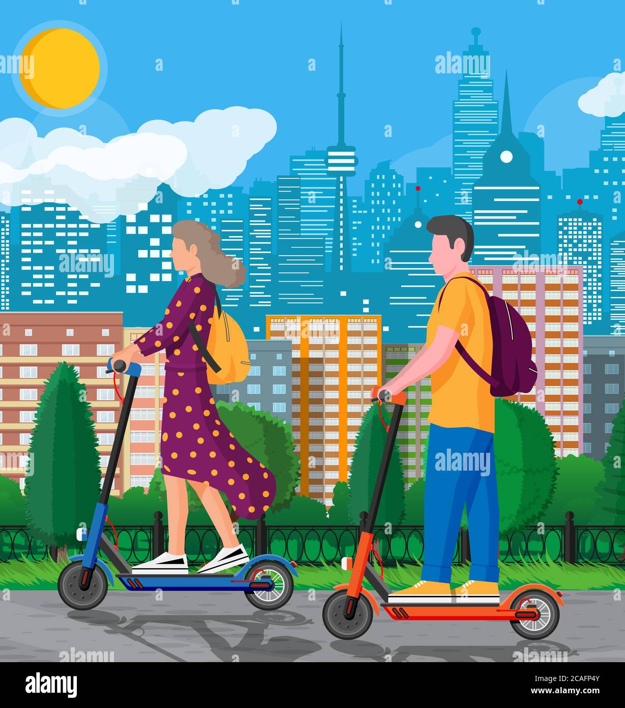 Young woman and man on kick scooter. Girl and guy with backpack rolling