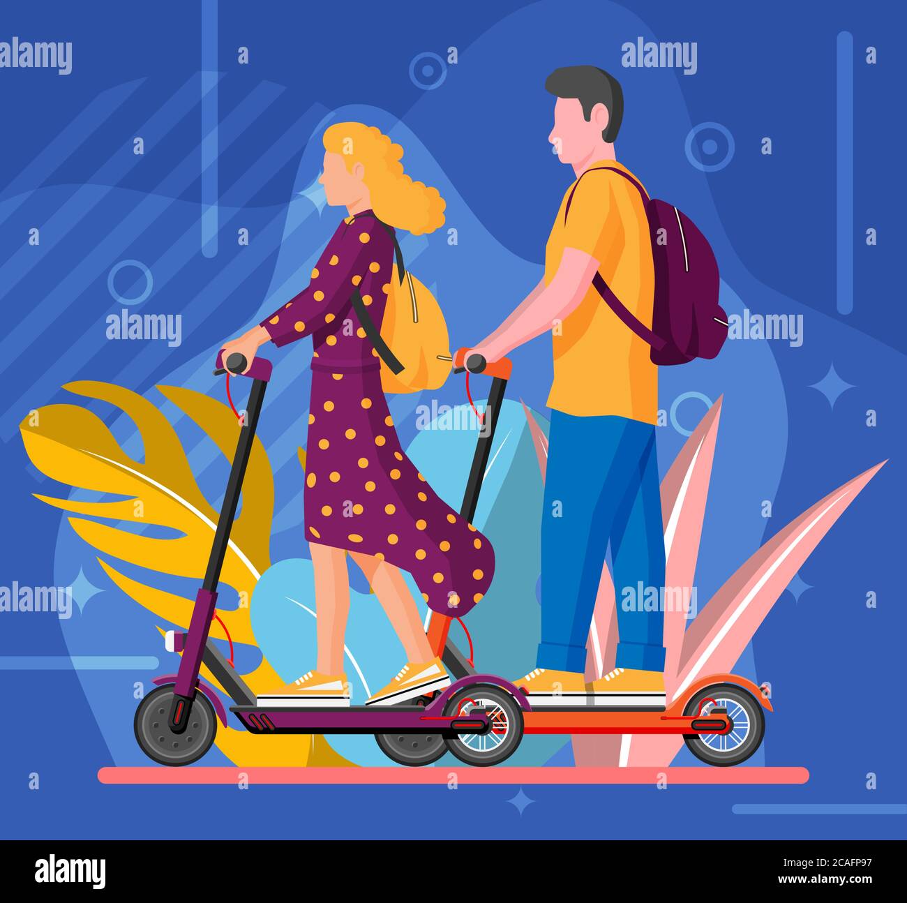 Young woman and man on kick scooter. Girl and guy with backpack rolling