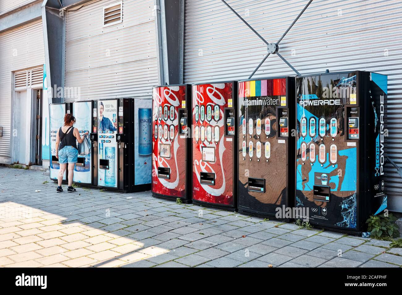 Montreal, Canada - June, 2018: Beverage vending machines on the street at old port in Montreal, Quebec, Canada. Stock Photo