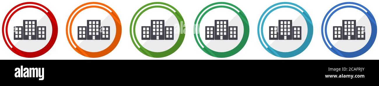 Office buildings icon set, flat design vector illustration in 6 colors ...