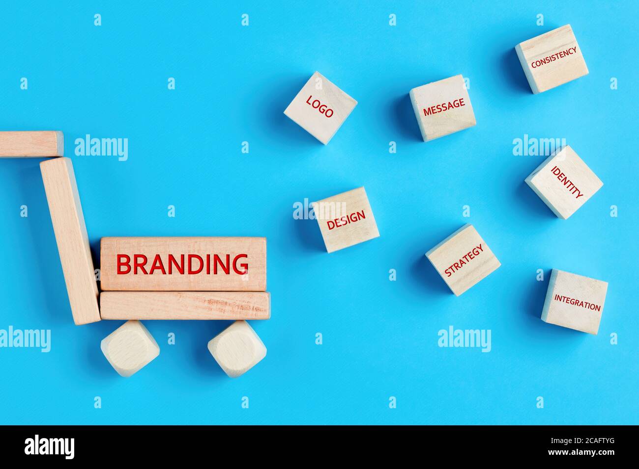 The concept of branding and its essential elements written on wooden blocks on blue background. Concept of product or service branding in business. Stock Photo