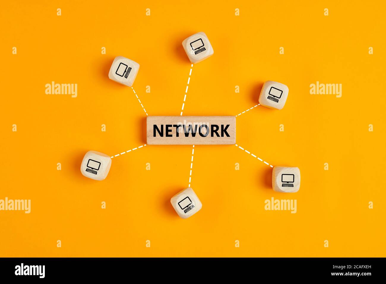 Concept of computer network or communication. Wooden cubes with ...